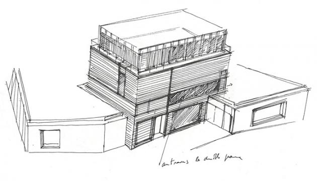 Croquis du principe de la tour, vue de la rue Gustave Flaubert  